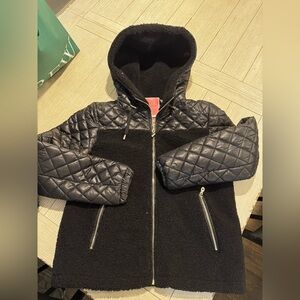 Kate Spade hooded mixed media black quilted jacket coat size medium